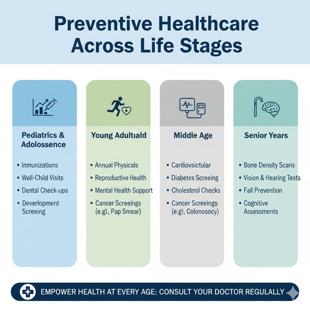 A multi-panel medical infographic illustrating preventive care priorities for three major life stages: childhood and adolescence, young and middle adulthood, and the senior years.