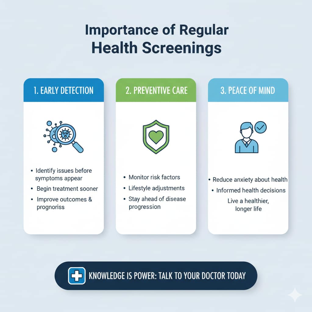 A three-panel medical infographic explaining the benefits of health screenings: early detection of issues, proactive preventive care, and providing peace of mind through informed decisions.