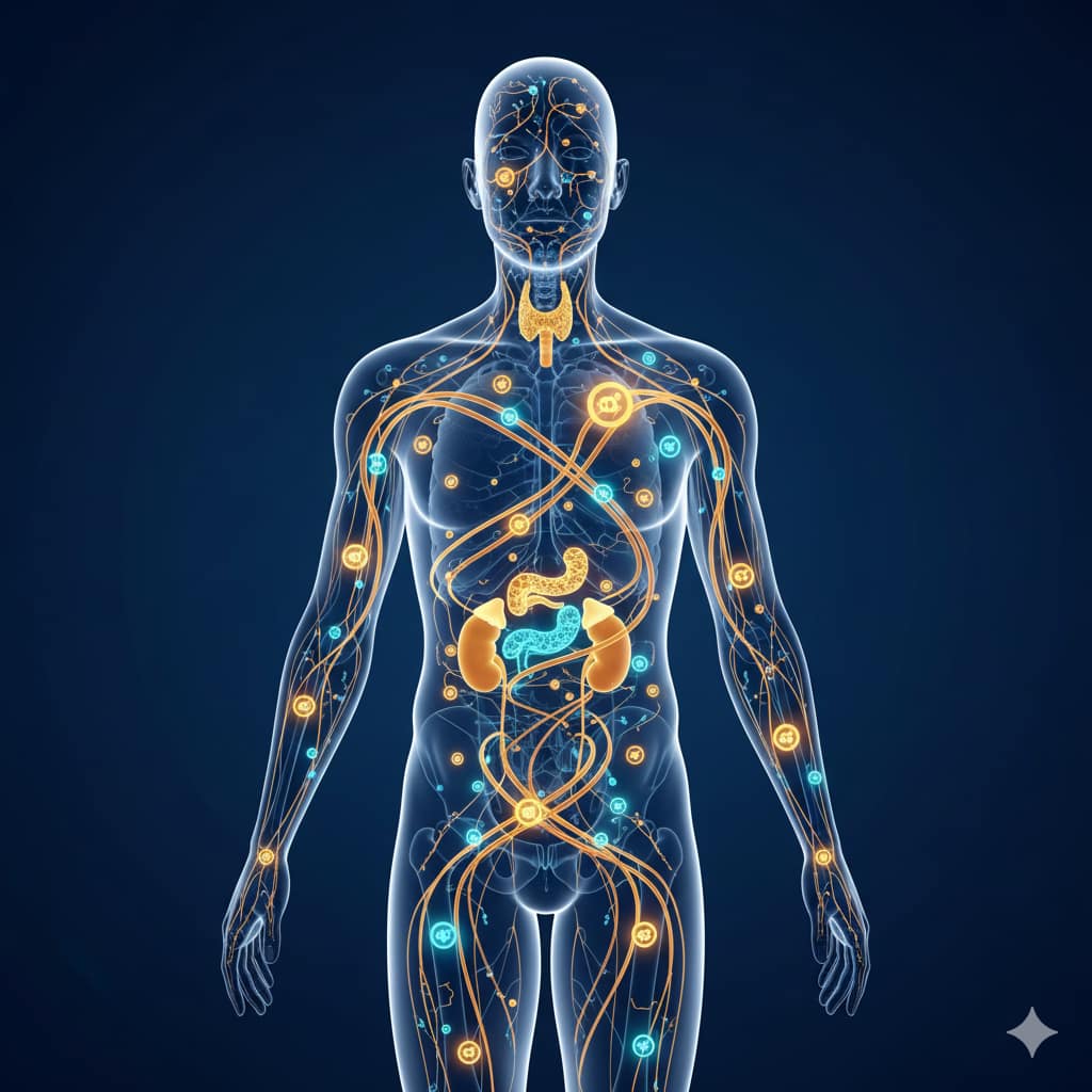 A detailed medical illustration of a human silhouette on a solid navy blue background, with glowing amber pathways representing metabolic flow and highlighted endocrine glands.