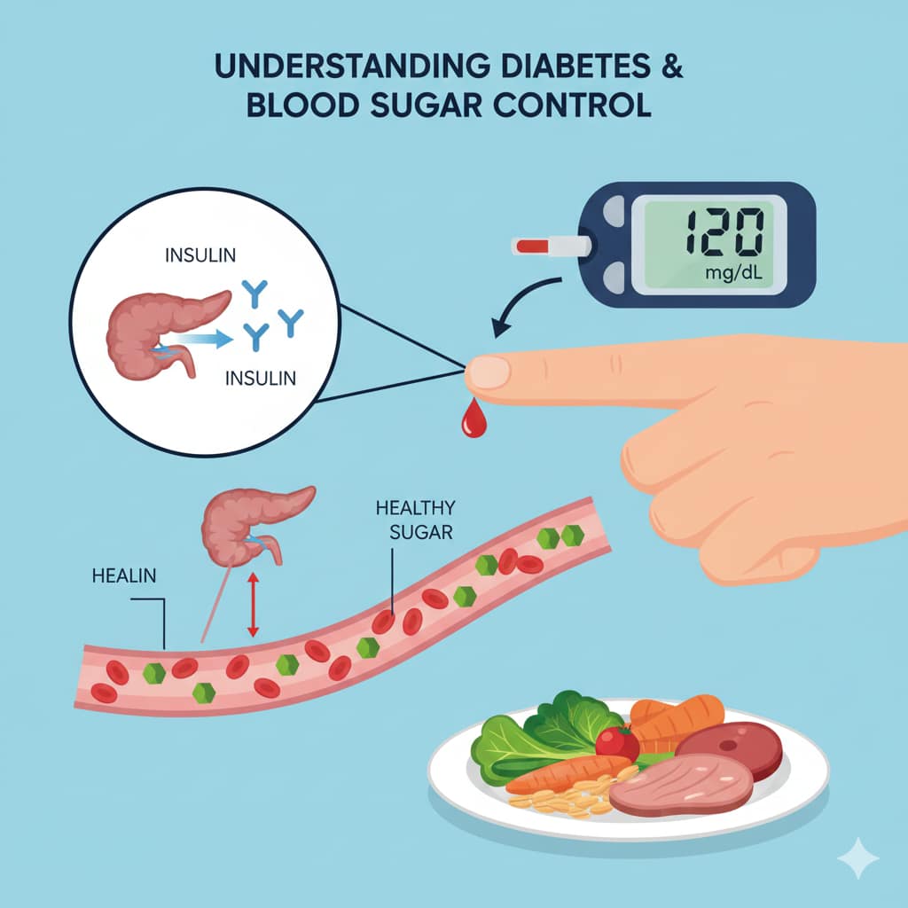 An informative infographic showing a glucose meter reading 120 mg/dL, a finger-prick blood drop, a diagram of insulin production in the pancreas, and a plate of healthy food.