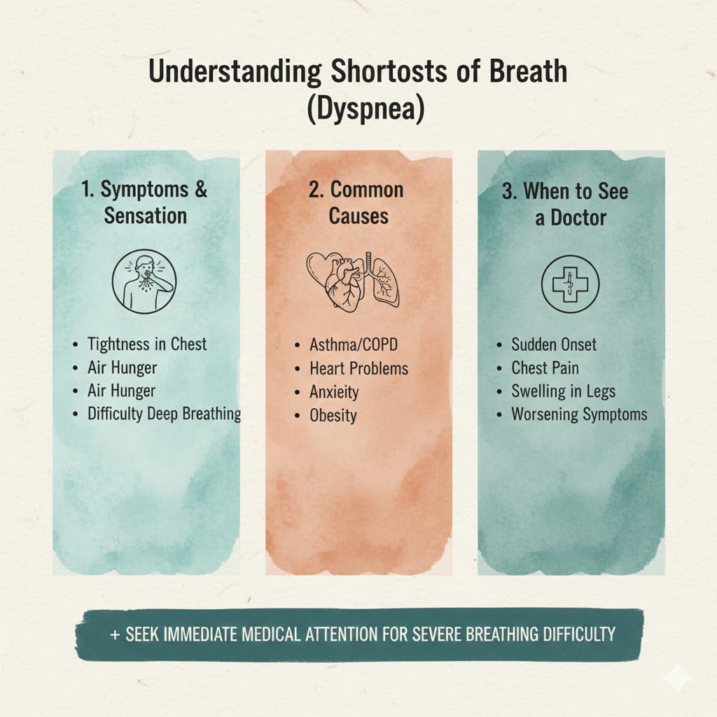 A watercolor-styled medical infographic with three textured panels explaining the symptoms, common causes, and emergency warning signs of shortness of breath.