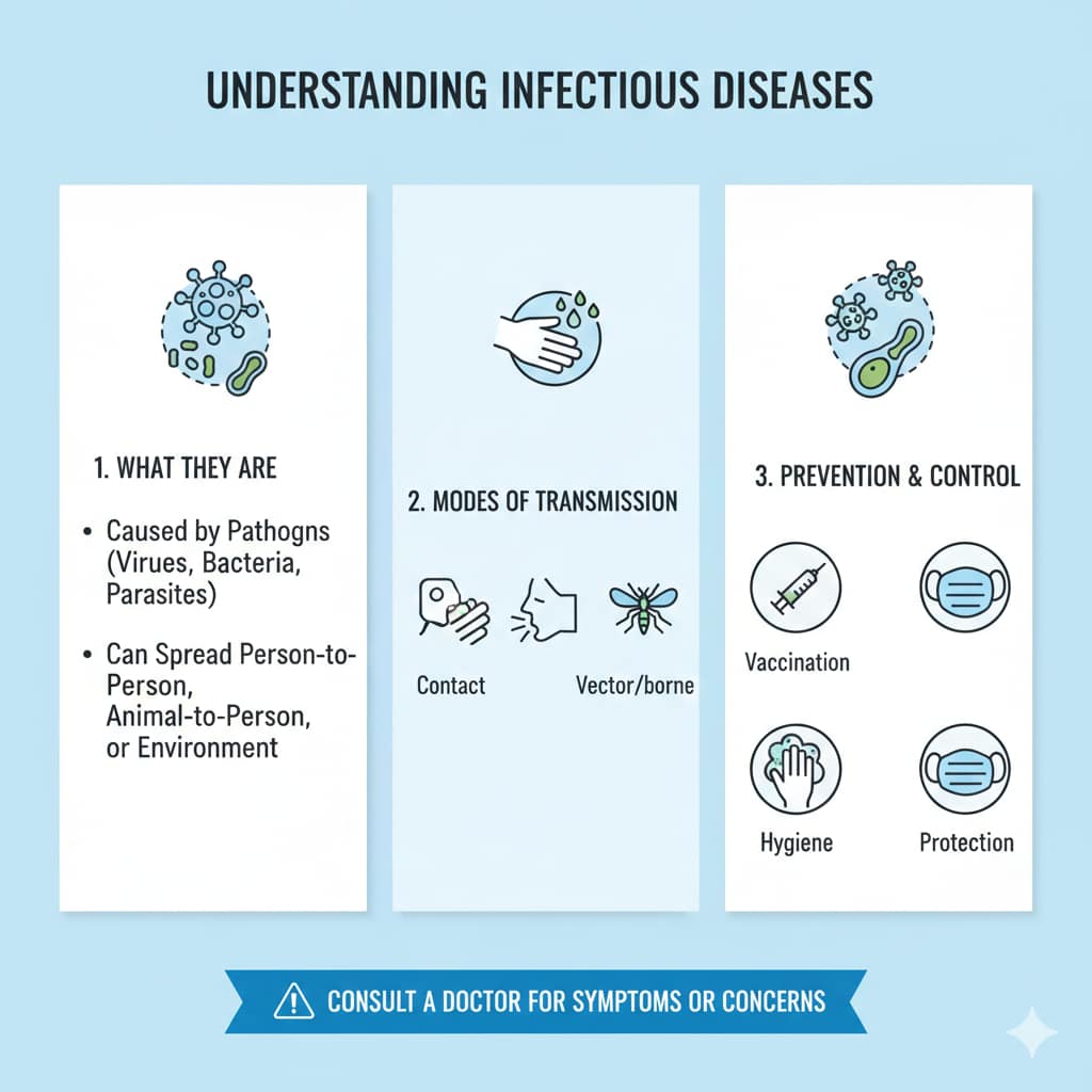 A medical infographic with three panels explaining pathogens, modes of transmission (contact, airborne, vector), and prevention methods like vaccination and hygiene.