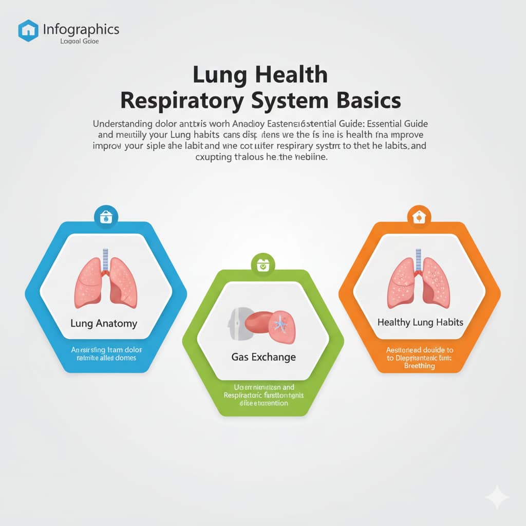 A 3D isometric medical infographic featuring three hexagonal panels that illustrate lung anatomy, the gas exchange process, and essential habits for maintaining healthy lungs.