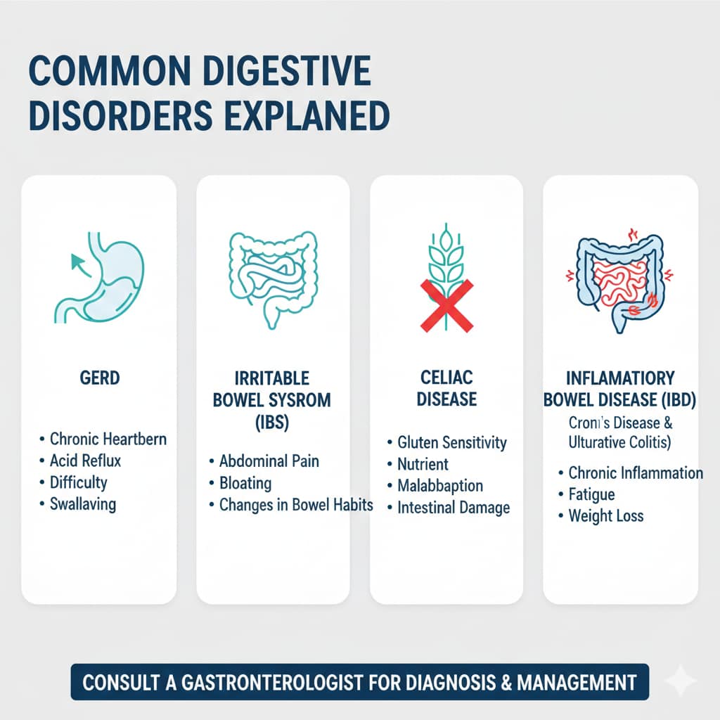 A medical infographic with four vertical panels explaining GERD, Irritable Bowel Syndrome, Celiac Disease, and Inflammatory Bowel Disease using descriptive icons and bulleted symptoms.