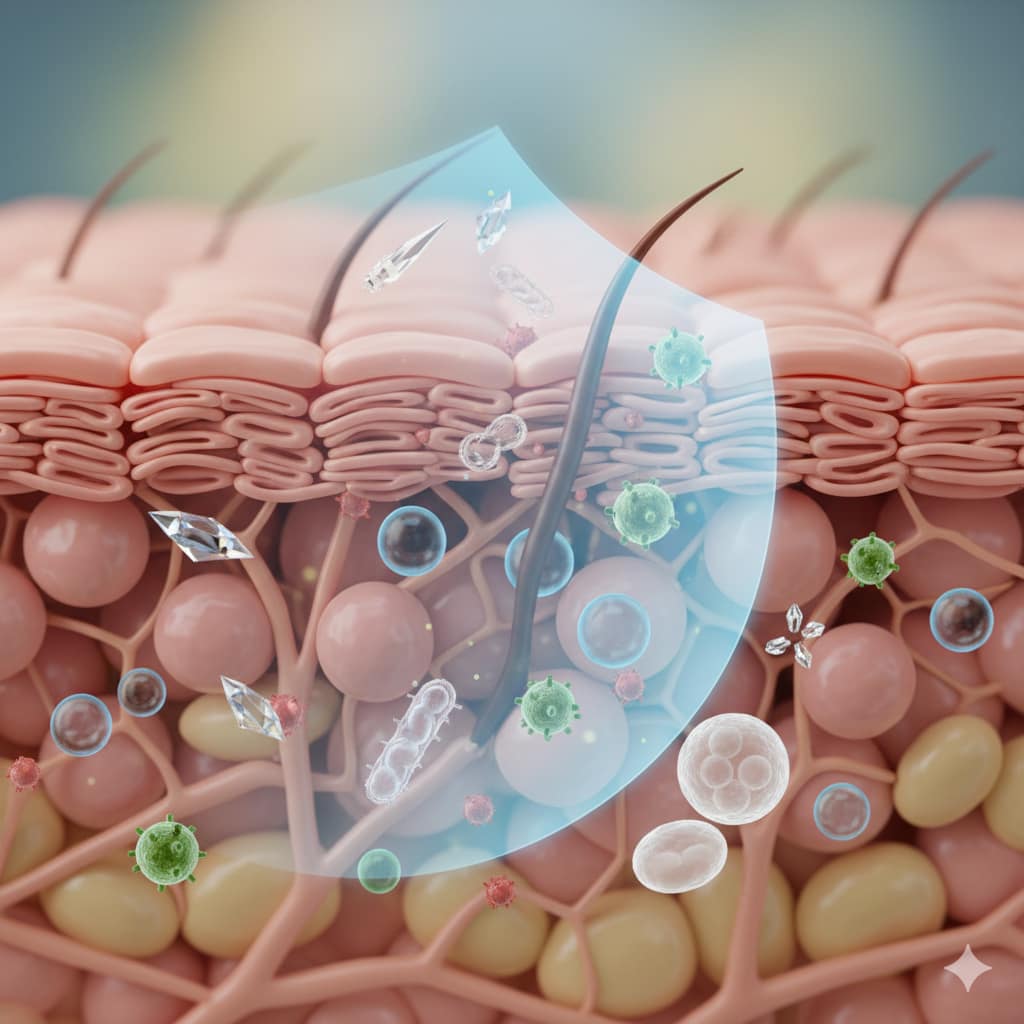 A 3D cross-section diagram of human skin layers showing a glowing blue shield blocking bacteria and pollutants from entering the epidermis.