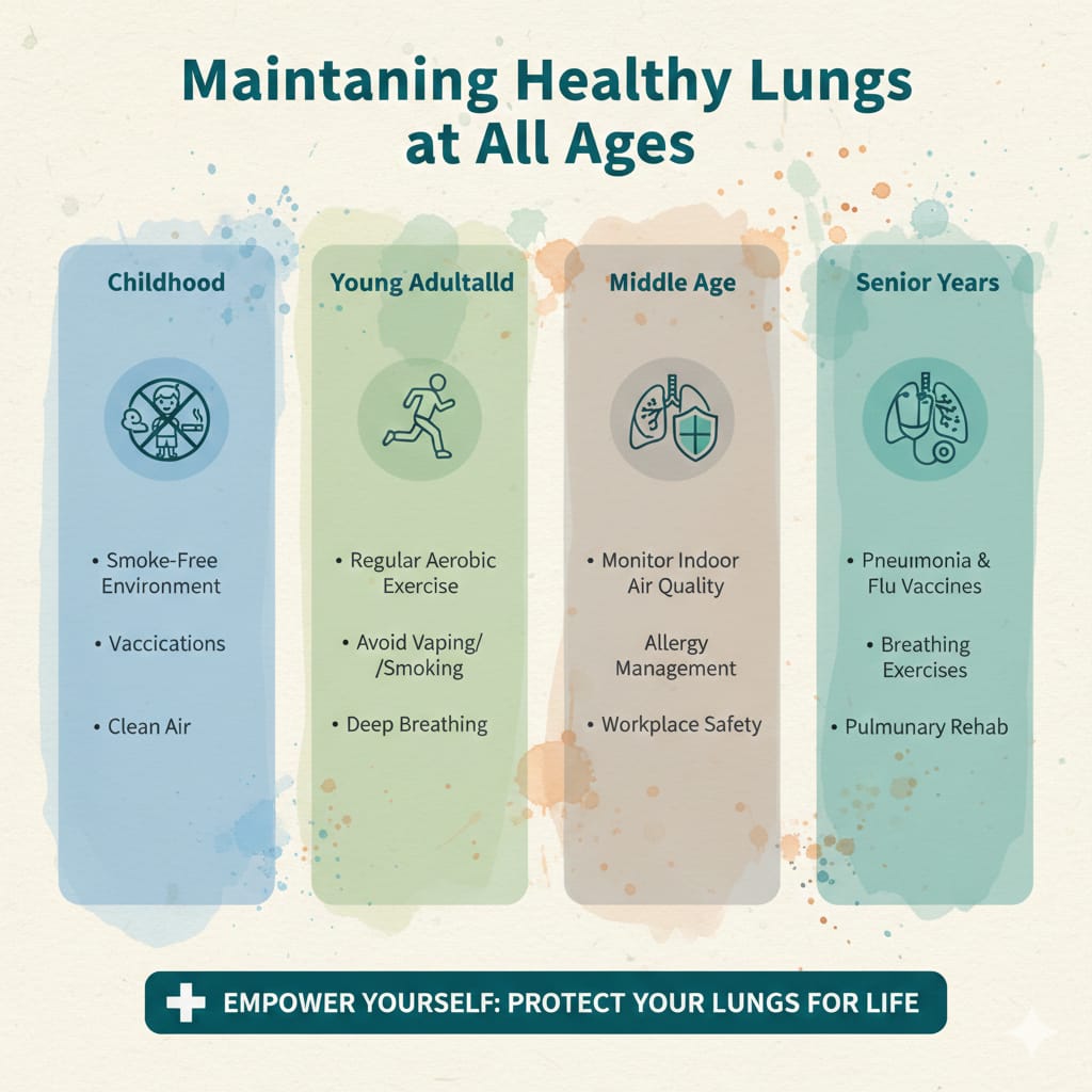 A multi-panel medical infographic titled "Maintaining Healthy Lungs at All Ages," featuring specific health strategies for childhood, adulthood, and the senior years.