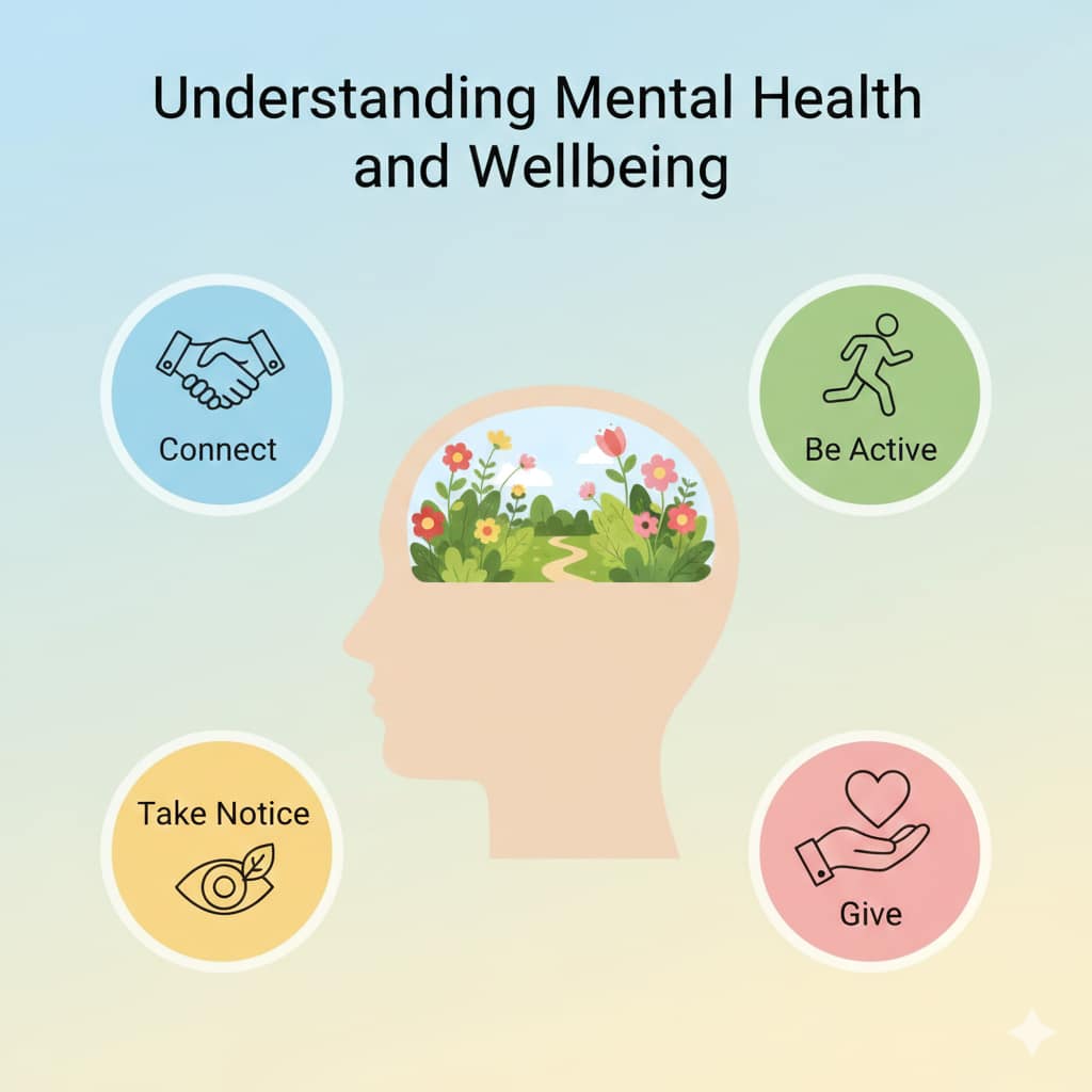 A calming infographic showing a profile of a human head with a blooming garden inside, surrounded by icons for social connection, physical activity, mindfulness, and giving.
