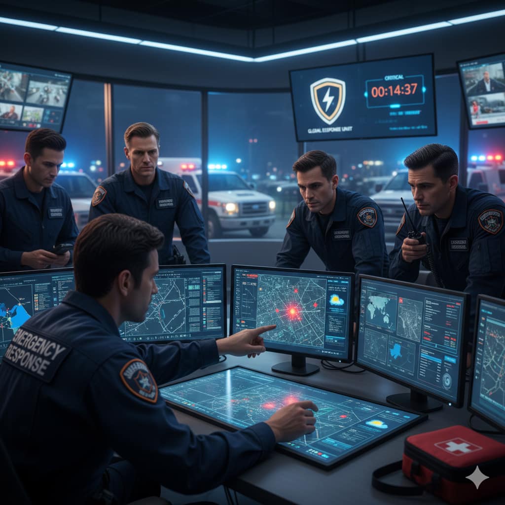 A team of emergency responders in uniform monitoring digital maps and data on multiple screens inside a high-tech command center at night.