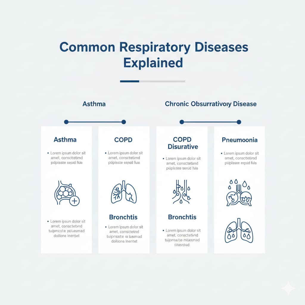 A medical infographic featuring four panels that provide overviews of common respiratory conditions: Asthma, COPD (Chronic Obstructive Pulmonary Disease), Bronchitis, and Pneumonia.