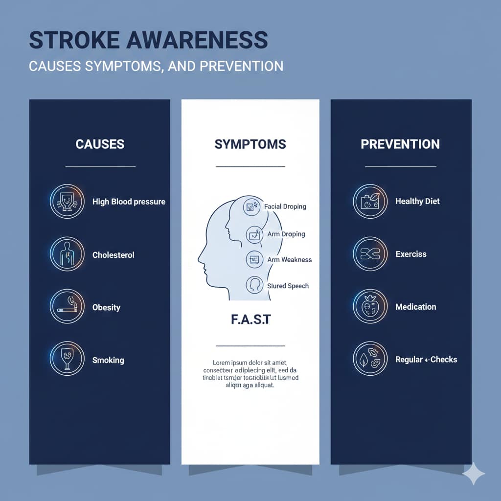 A medical infographic with three panels on a navy blue background covering stroke causes like high blood pressure, symptoms like facial drooping, and prevention through a healthy diet.