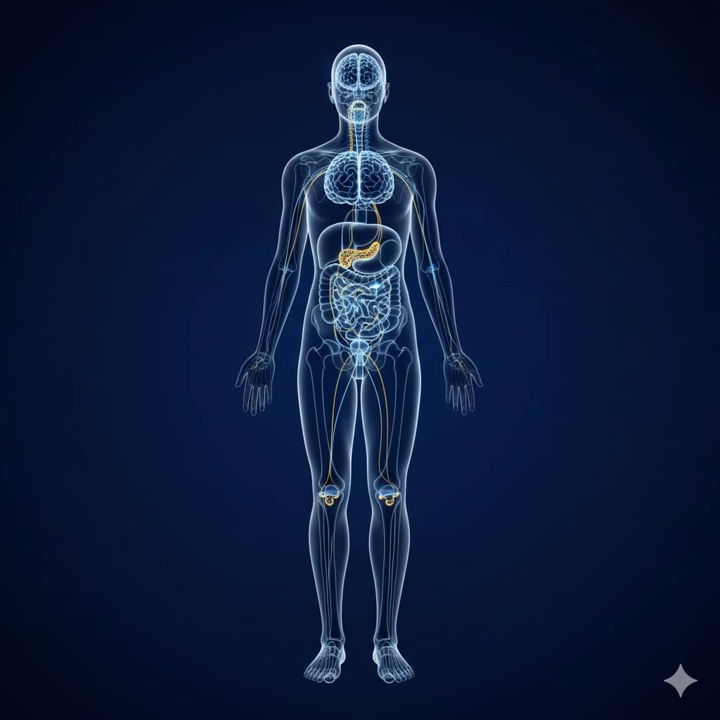 A full-body medical diagram of a human silhouette on a dark navy background, showing the internal nervous and endocrine systems with glowing anatomical details.