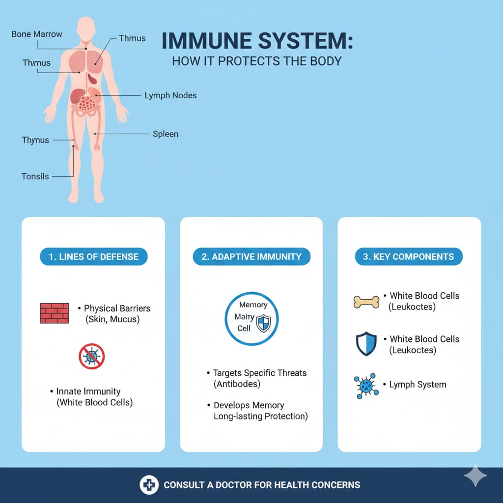 A medical infographic illustrating the human immune system with a diagram of lymph nodes and spleen, alongside sections on lines of defense, adaptive immunity, and white blood cells.