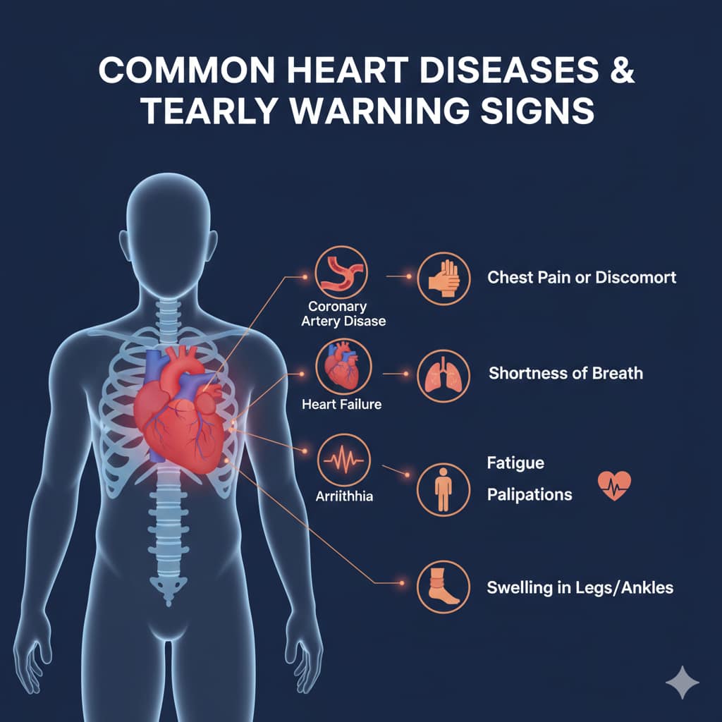 A medical infographic on a navy blue background showing a human skeletal silhouette with a highlighted heart and icons listing symptoms like chest pain, shortness of breath, and fatigue.