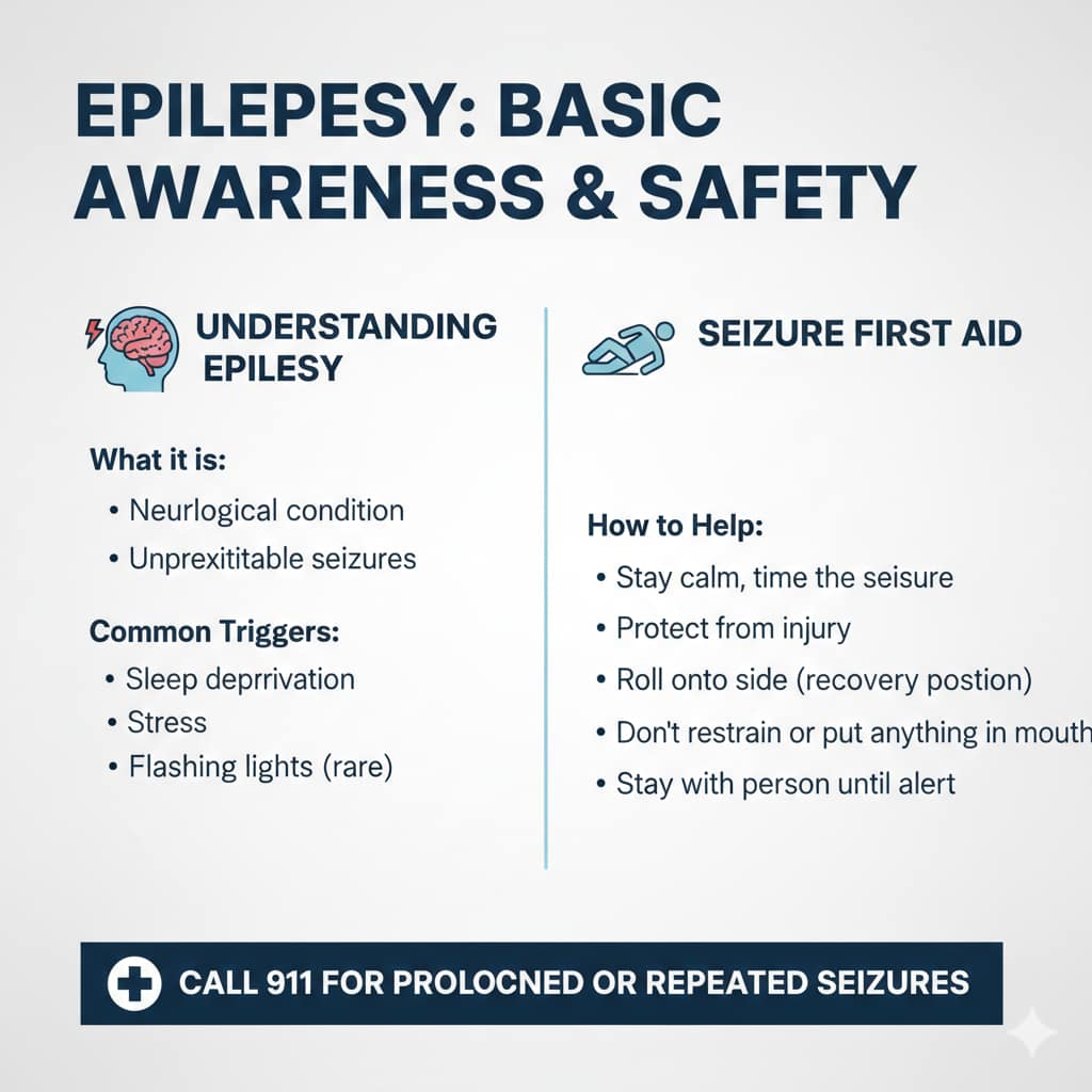 An informative infographic about epilepsy awareness, featuring tips on seizure first aid, common triggers, and essential safety protocols.
