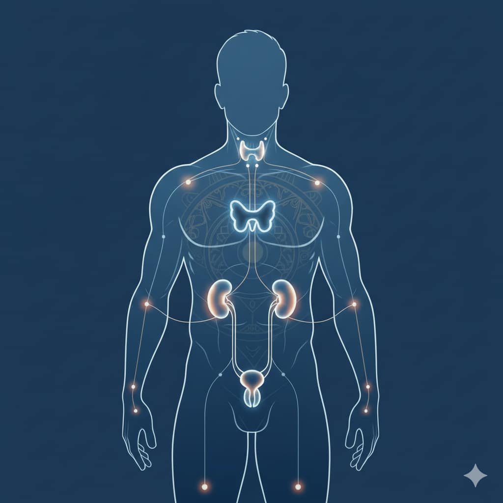 A medical illustration of a male silhouette against a solid navy blue background, featuring glowing highlights on the thyroid, adrenal glands, and testes.