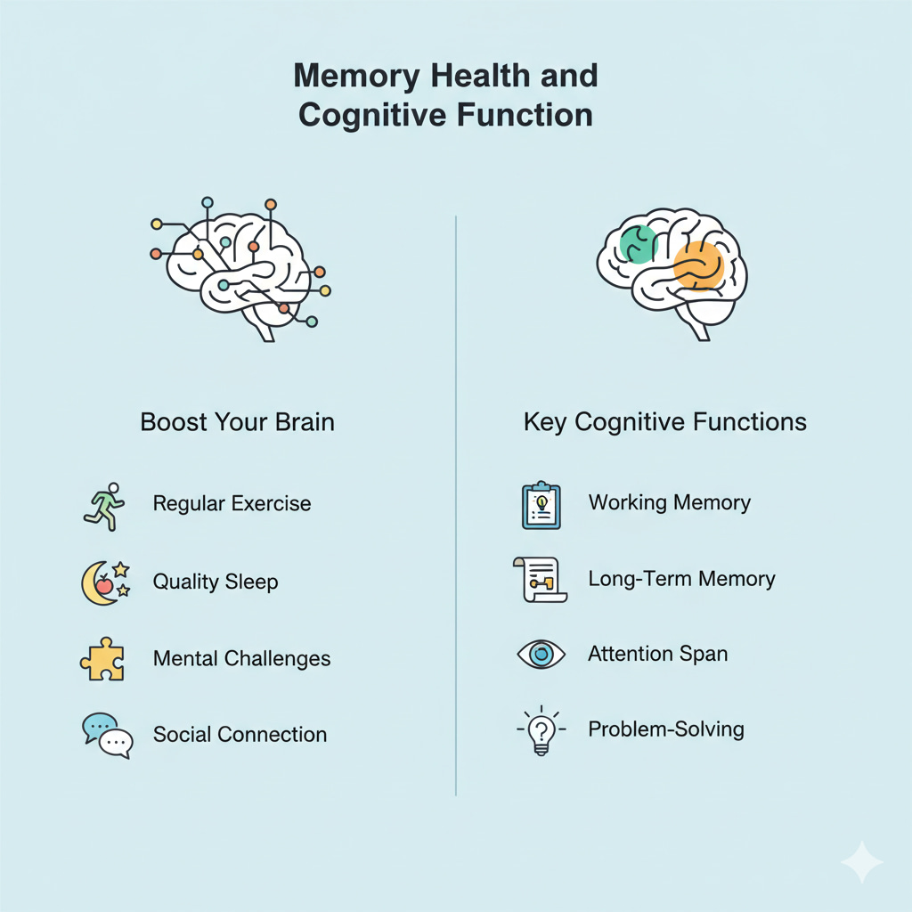 A clean infographic titled "Memory Health and Cognitive Function" featuring icons for brain-boosting habits like sleep and exercise alongside key functions like working memory and problem-solving.