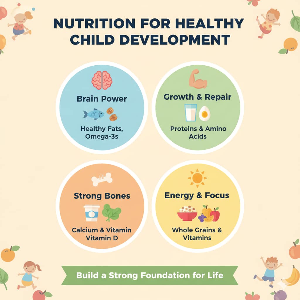 A colorful four-part infographic highlighting key nutritional areas for children, including brain power from healthy fats, growth from proteins, strong bones from calcium, and energy from whole grains.