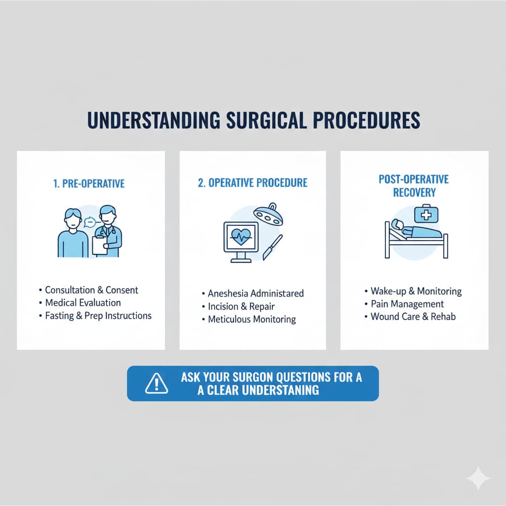 A medical infographic featuring a surgical team in a sterile operating room, highlighting the three phases of surgery: preoperative preparation, the operative procedure, and postoperative recovery.