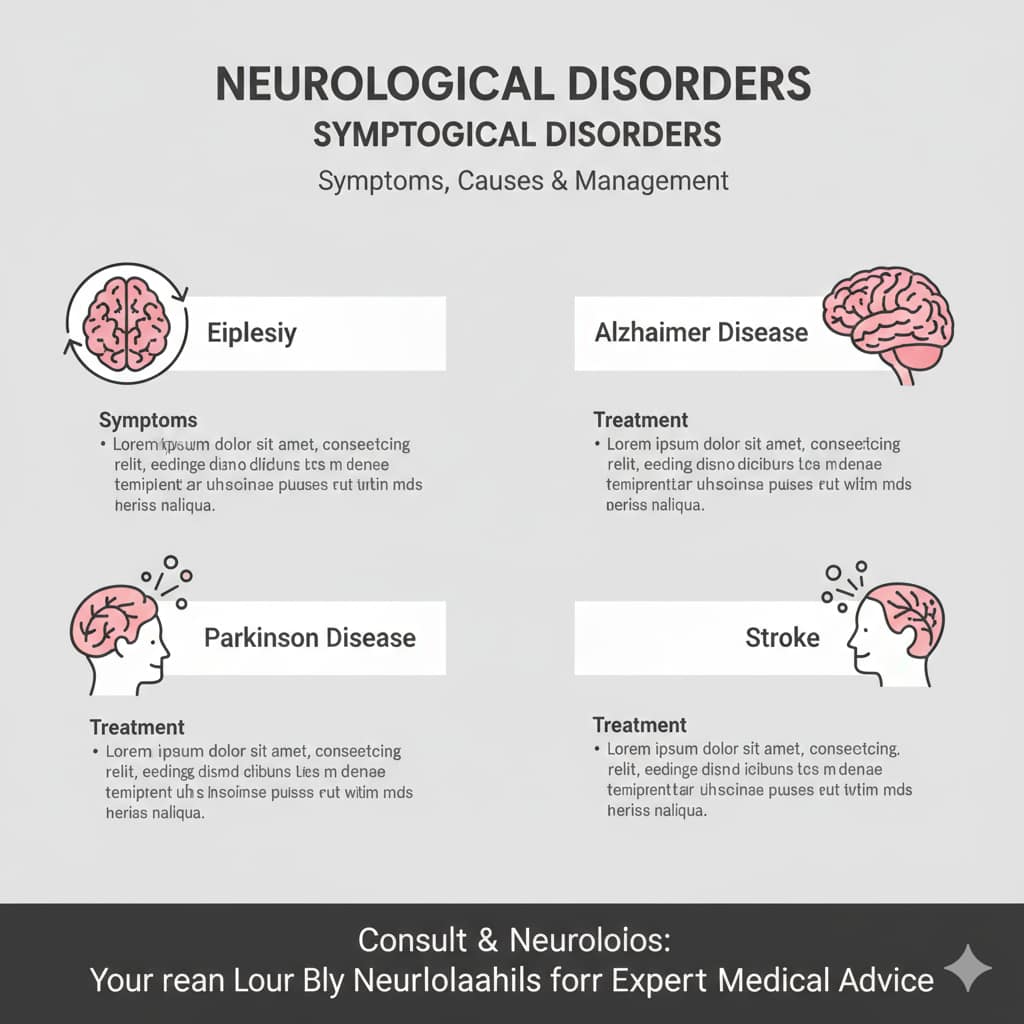 An educational infographic featuring four sections with brain icons explaining Epilepsy, Alzheimer's Disease, Parkinson's Disease, and Stroke.