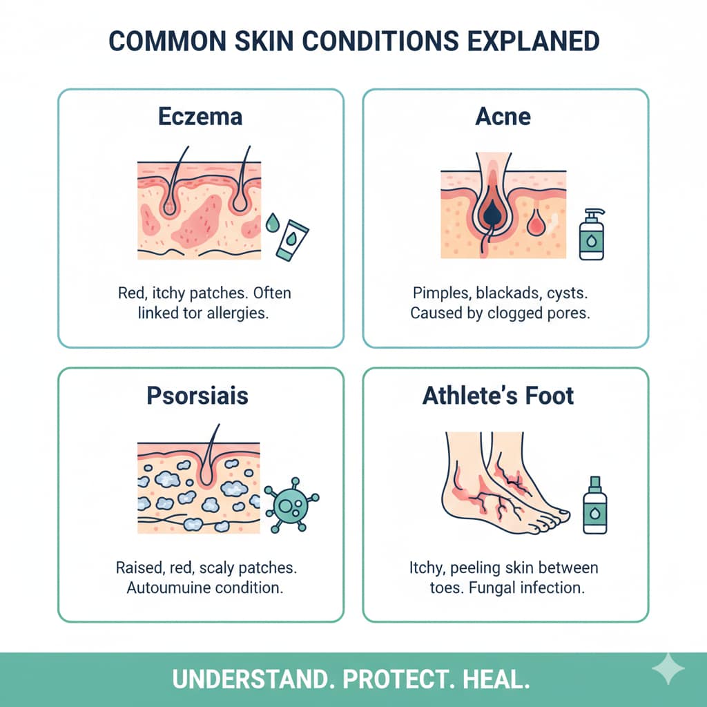 A medical infographic featuring four panels that illustrate and explain the symptoms of eczema, acne, psoriasis, and athlete's foot.