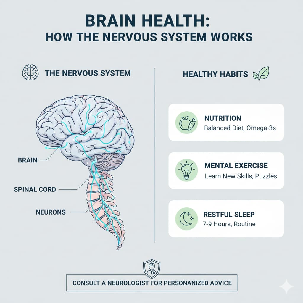A medical infographic illustrating the human brain and spinal cord alongside healthy habits like nutrition, mental exercise, and restful sleep.