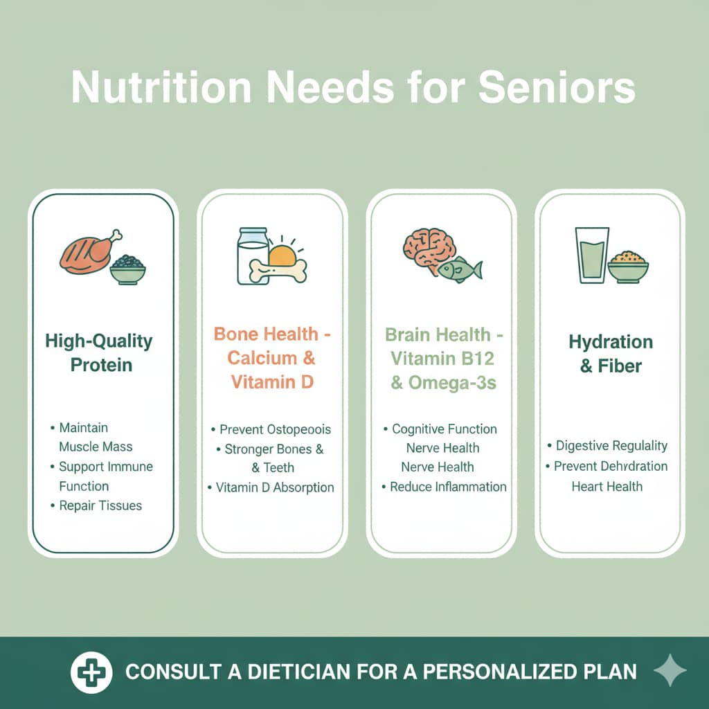 A green-themed medical infographic with four panels detailing nutritional essentials for seniors: high-quality protein, bone health (Calcium & Vitamin D), brain health (B12 & Omega-3s), and hydration and fiber.