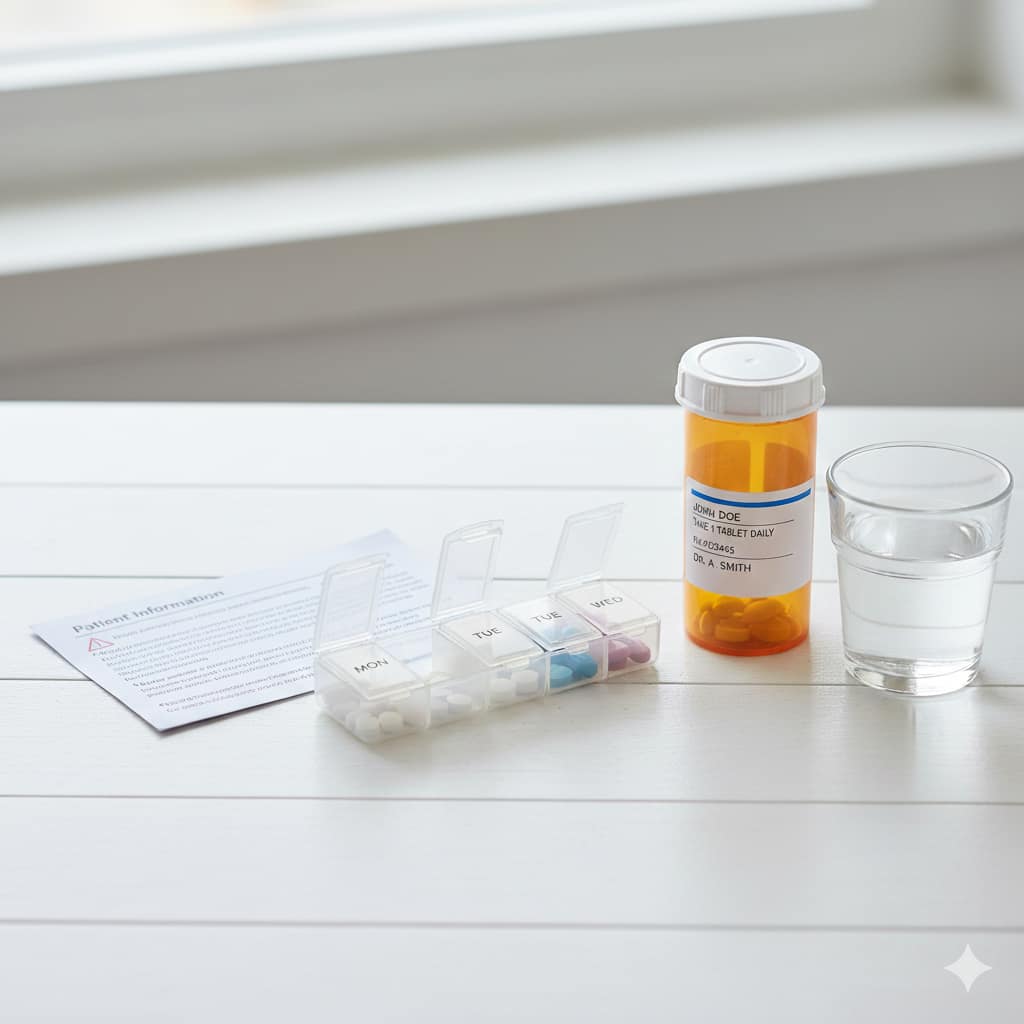 A well-organized tabletop featuring a weekly pill dispenser, a prescription bottle, a glass of water, and a patient information leaflet.
