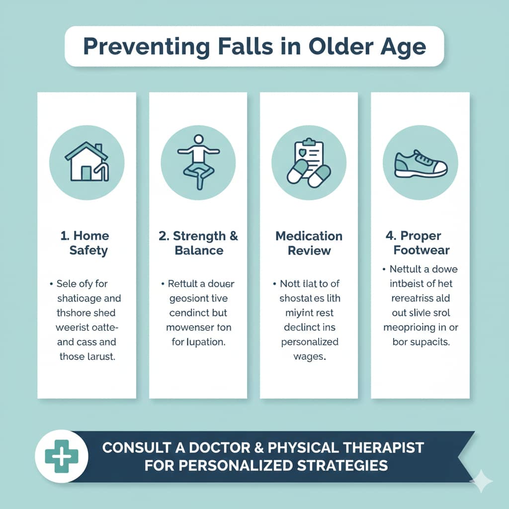 A medical infographic featuring four panels focused on fall prevention for seniors: home safety, strength and balance exercises, medication review, and proper footwear.