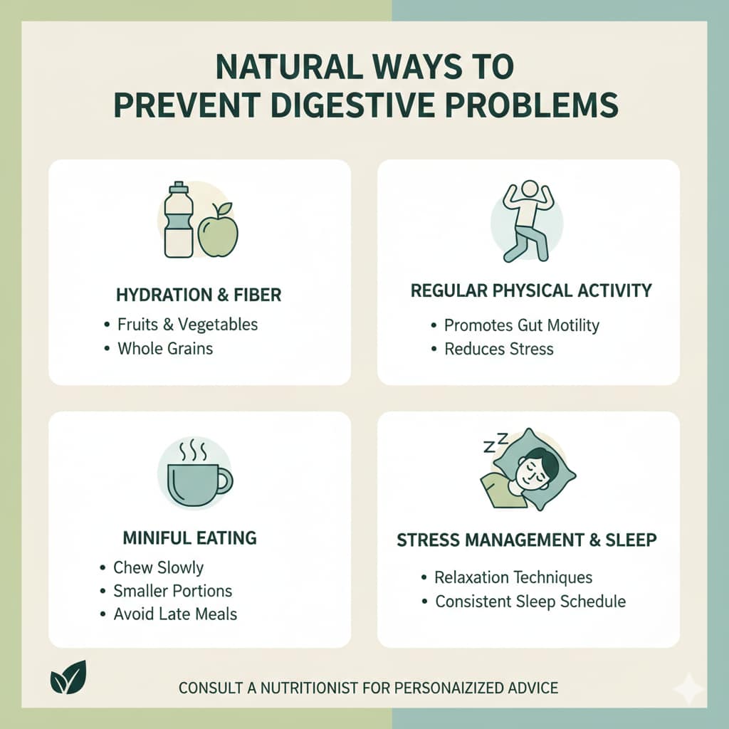 An educational infographic featuring four green-themed panels with icons for hydration, physical activity, mindful eating, and sleep.
