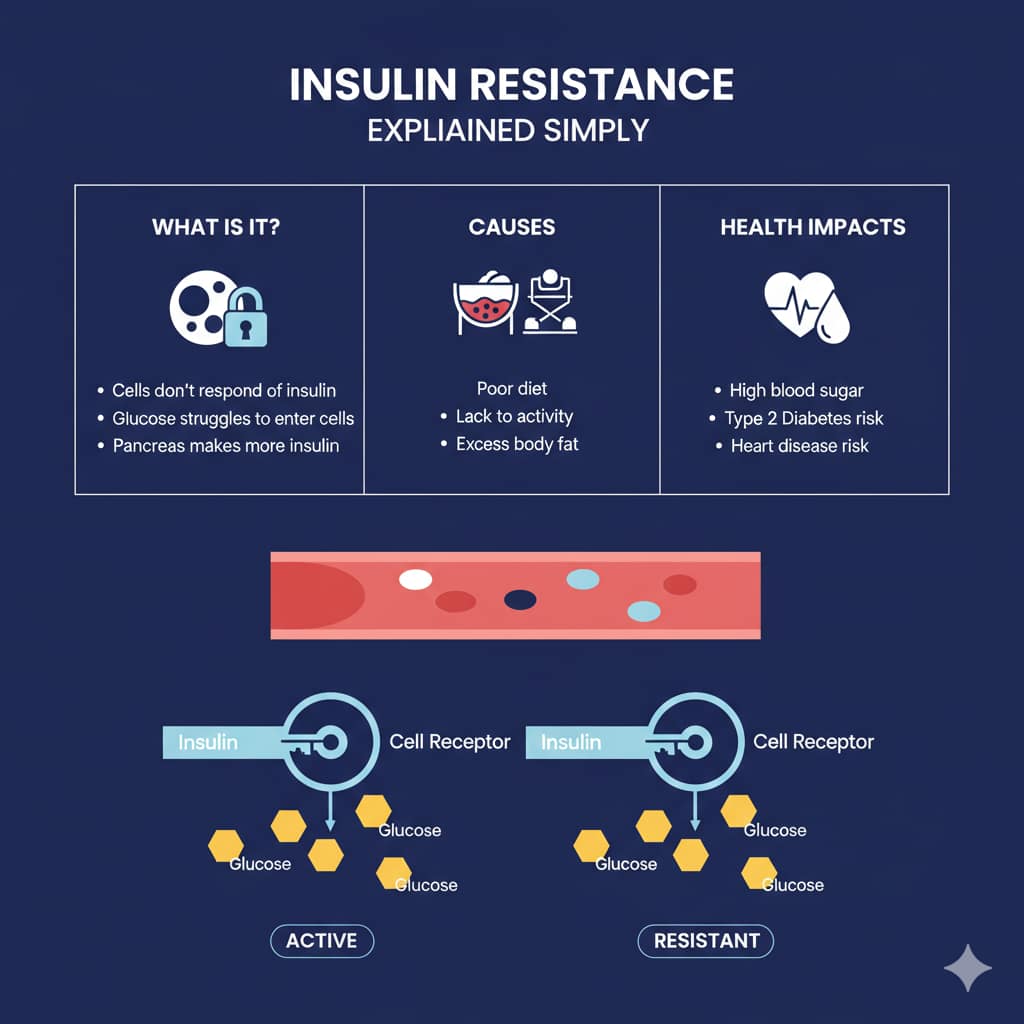 A medical infographic on a navy blue background explaining insulin resistance with a key-and-lock metaphor showing how glucose enters active versus resistant cells.