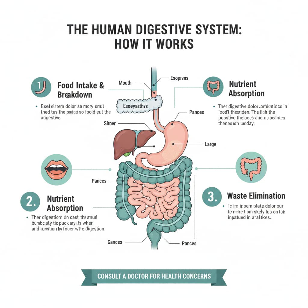 A medical diagram of the human digestive system labeling the mouth, esophagus, stomach, liver, and intestines, with numbered steps for food breakdown and absorption.