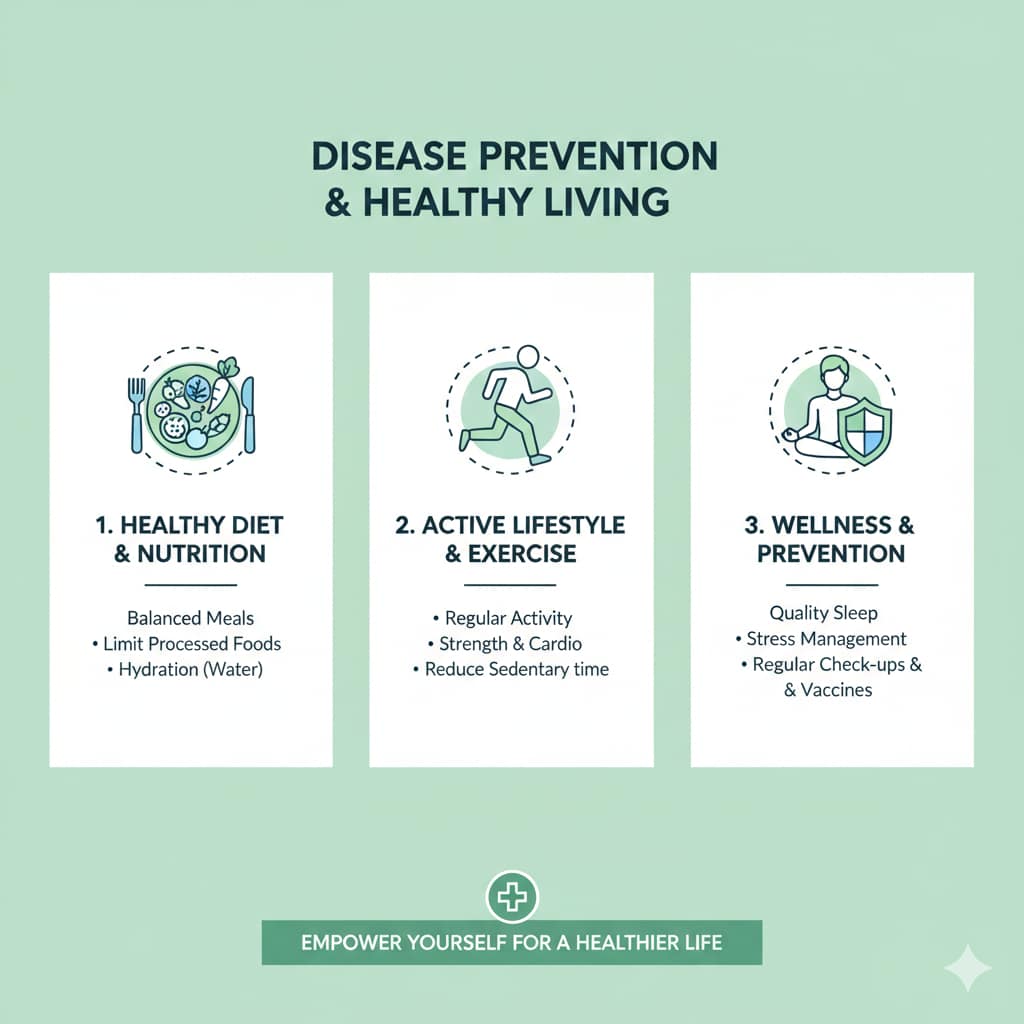 A three-panel medical infographic detailing key pillars of health: healthy diet and nutrition, an active lifestyle with exercise, and wellness practices like sleep and check-ups.