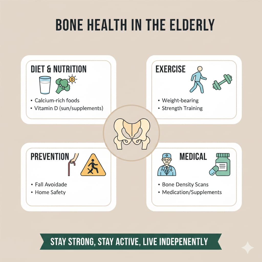 A four-quadrant infographic detailing essential strategies for elderly bone health, including diet and nutrition, weight-bearing exercise, fall prevention, and medical screenings.