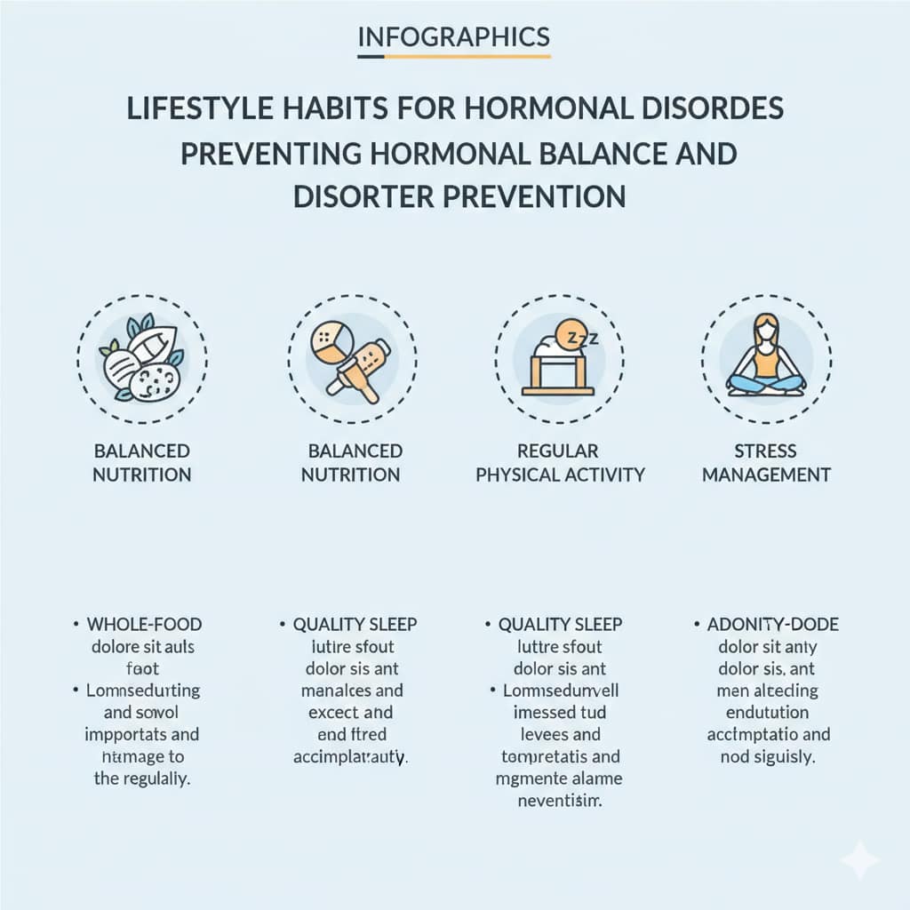 A professional medical infographic showcasing four pillars of hormonal health: balanced nutrition, regular physical activity, quality sleep, and stress management.