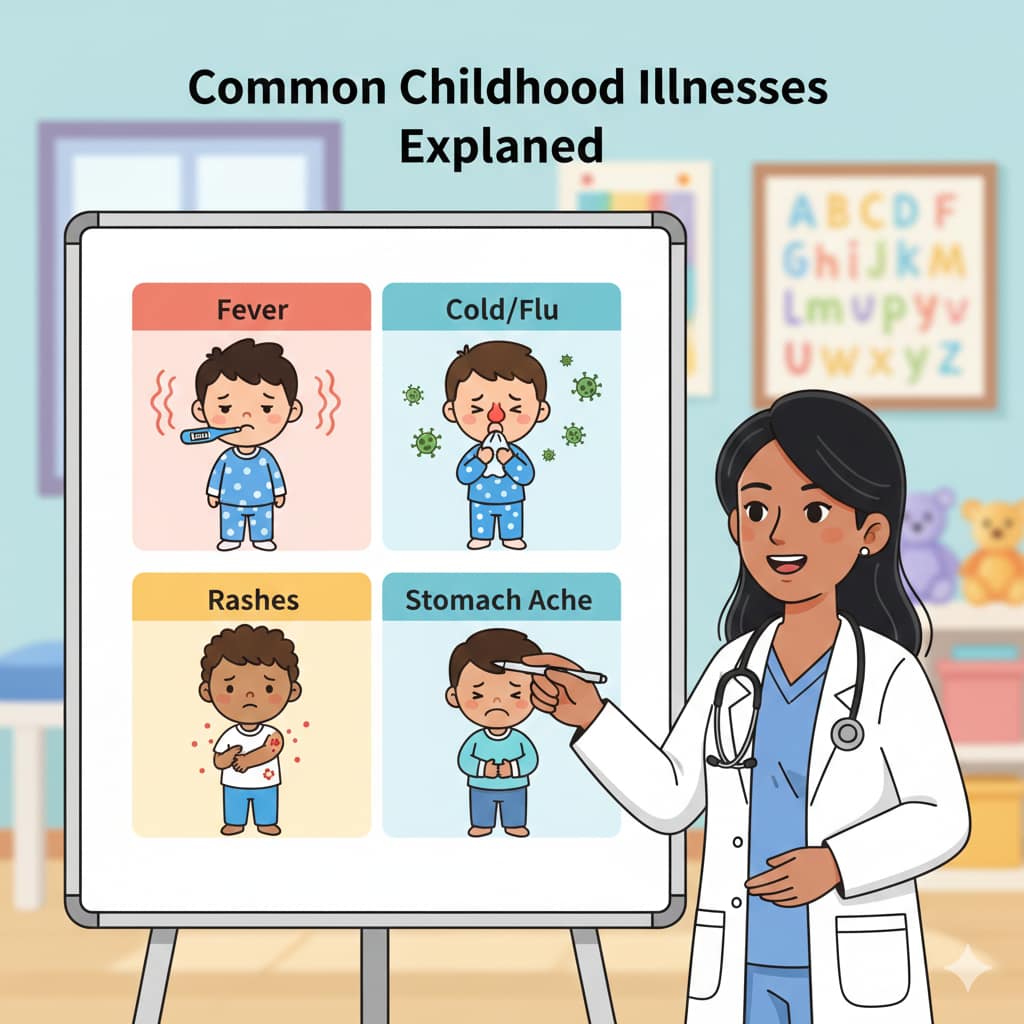 An educational infographic-style illustration featuring several diverse cartoon children experiencing common symptoms: one with a thermometer in mouth (fever), one sneezing (cold), one scratching a red rash (chickenpox), and one holding their stomach (stomach flu).