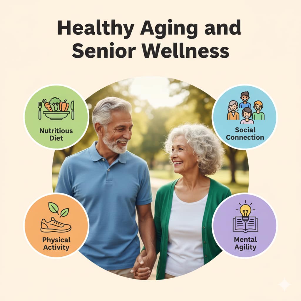 A colorful and inviting infographic titled "Healthy Aging and Senior Wellness" featuring icons for physical activity, a balanced diet, social connection, and cognitive stimulation, all centered around a happy senior couple.