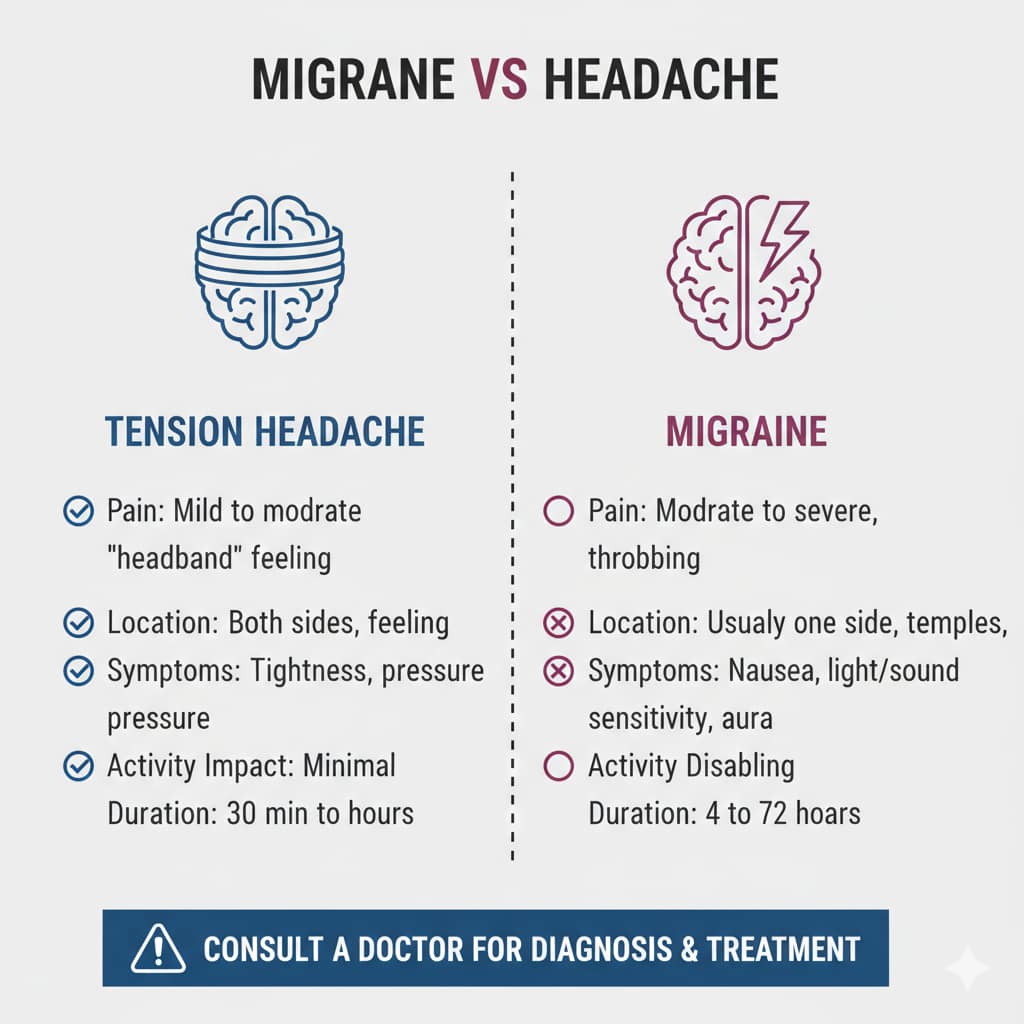A side-by-side infographic comparing tension headaches and migraines, highlighting differences in pain intensity, location, and symptoms like nausea and light sensitivity.
