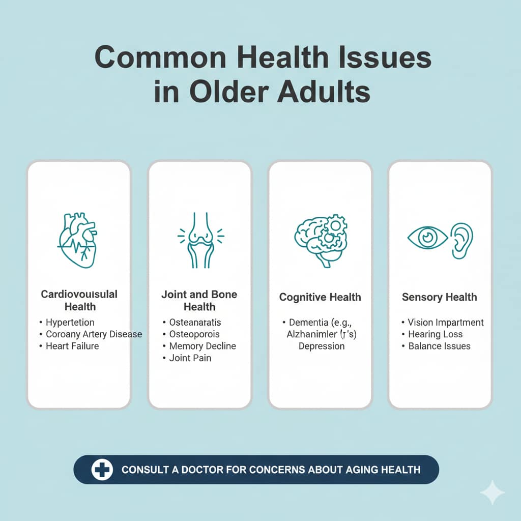 A medical infographic featuring four panels that outline common aging-related health concerns: cardiovascular health, joint and bone health, cognitive health, and sensory health.