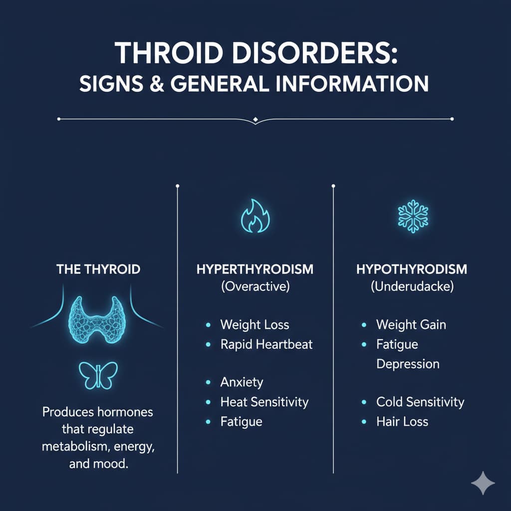 A medical infographic on a solid navy blue background comparing Hyperthyroidism and Hypothyroidism with symptoms like weight changes and fatigue.