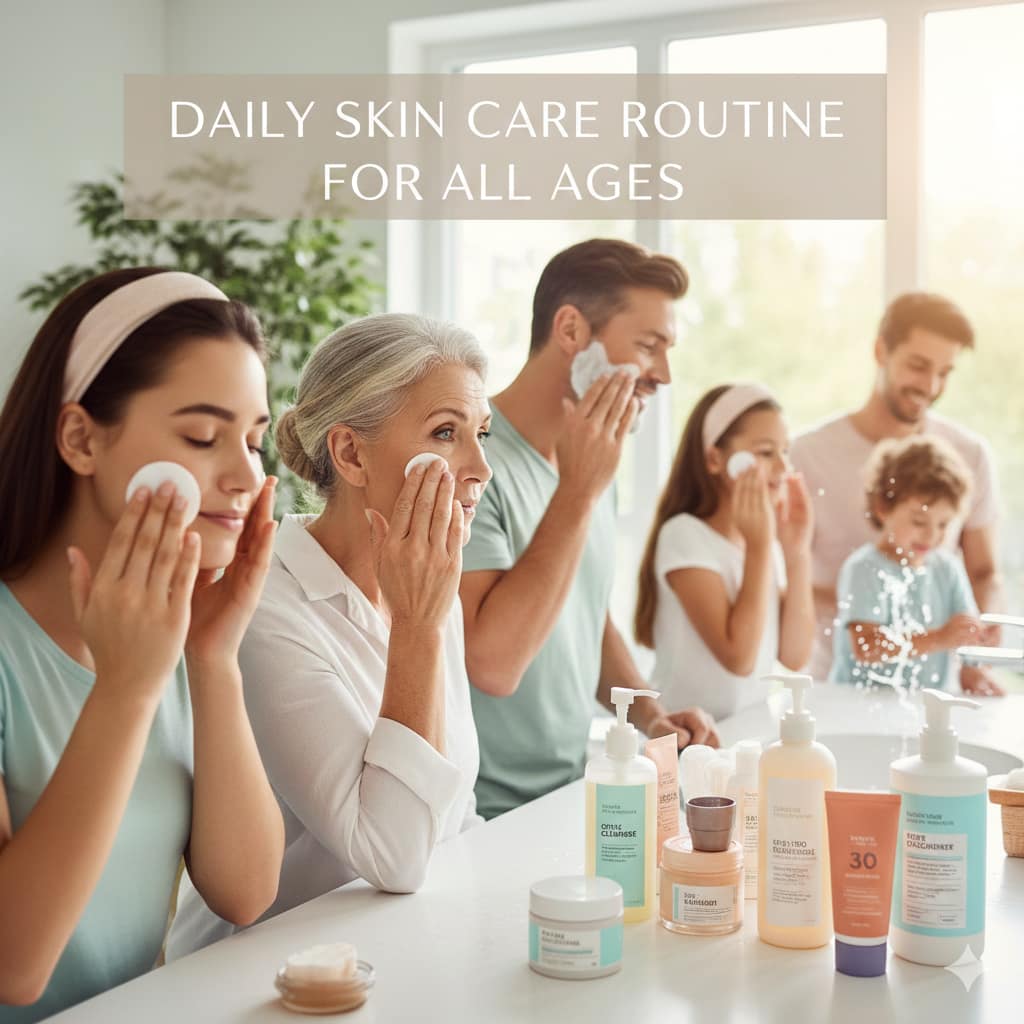 A diverse group of people from different generations, including a child, parents, and a senior woman, standing in a bright bathroom performing their daily skincare routines.