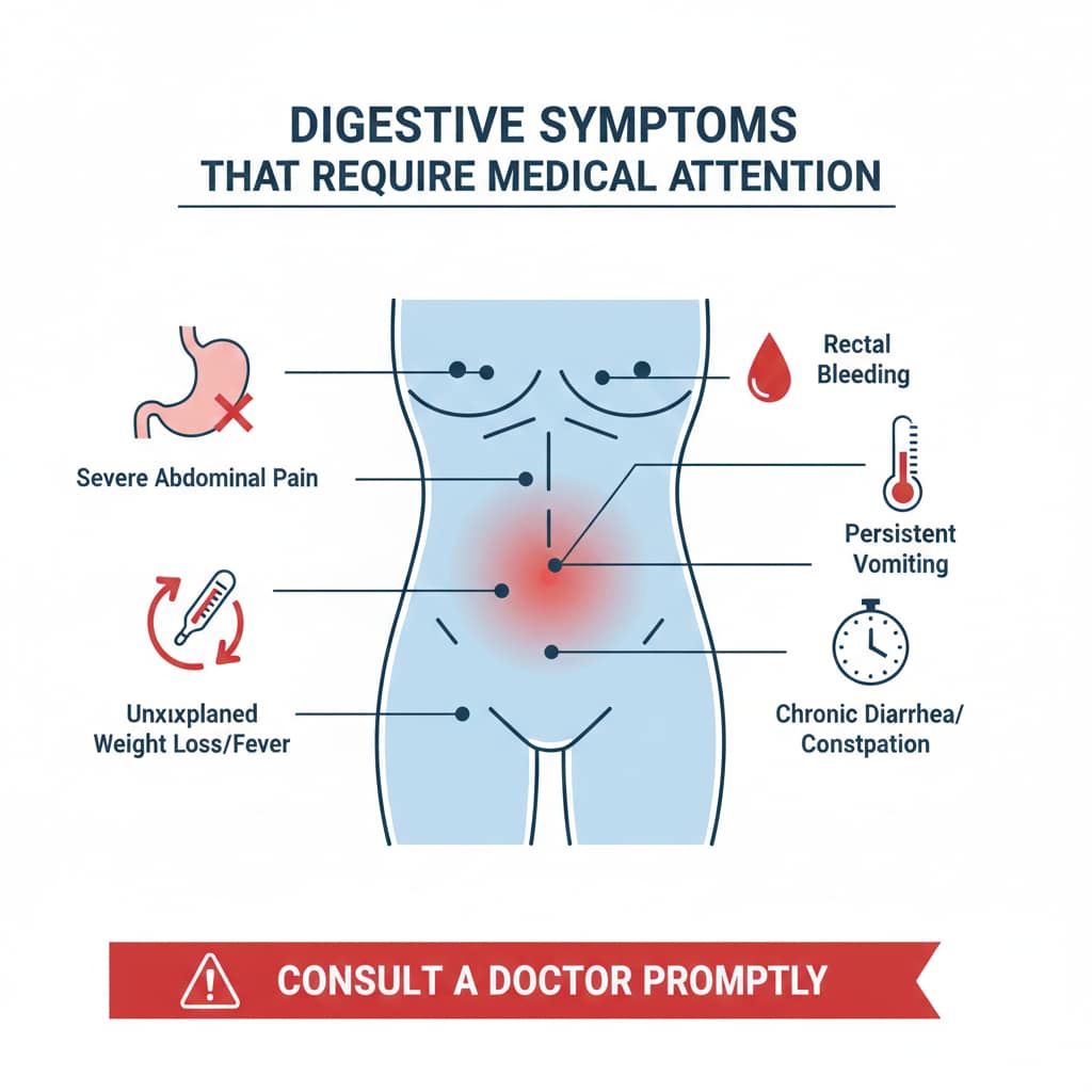 A medical infographic featuring a human torso with red indicators pointing to warning signs like severe abdominal pain, rectal bleeding, and persistent vomiting.
