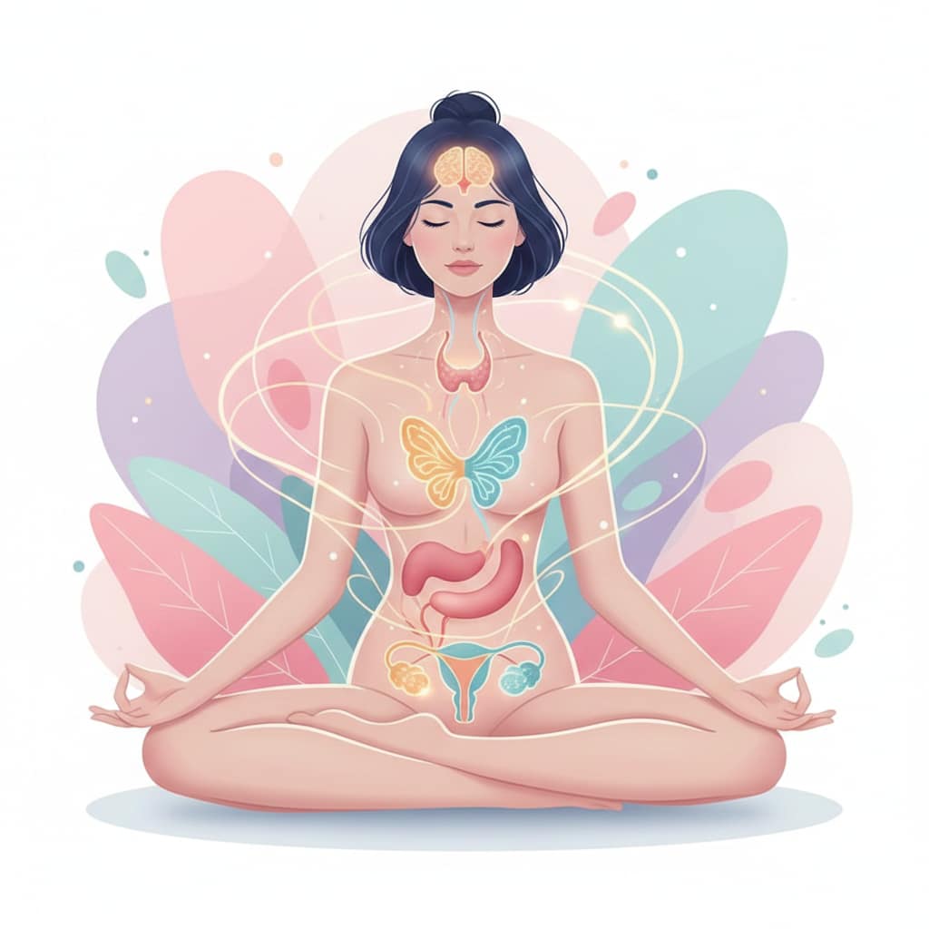 A stylized illustration of a woman in a meditative pose with glowing icons representing the endocrine system's glands and hormonal pathways.