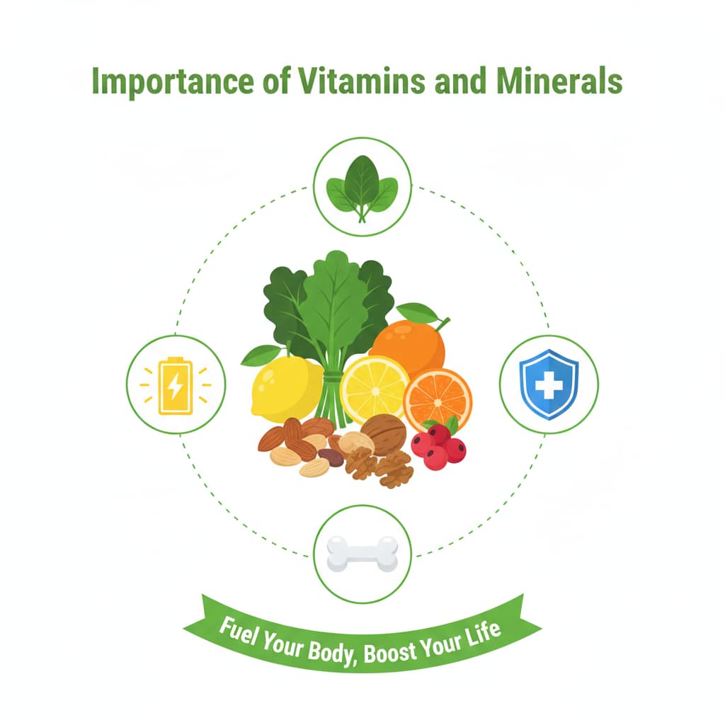 A colorful and vibrant infographic featuring a variety of fresh fruits, vegetables, and supplements, with icons highlighting their roles in energy, immunity, and bone health.