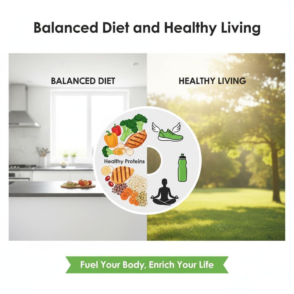 A split-screen infographic showing a healthy meal plate with proteins and vegetables on one side and lifestyle icons like yoga and exercise on the other.