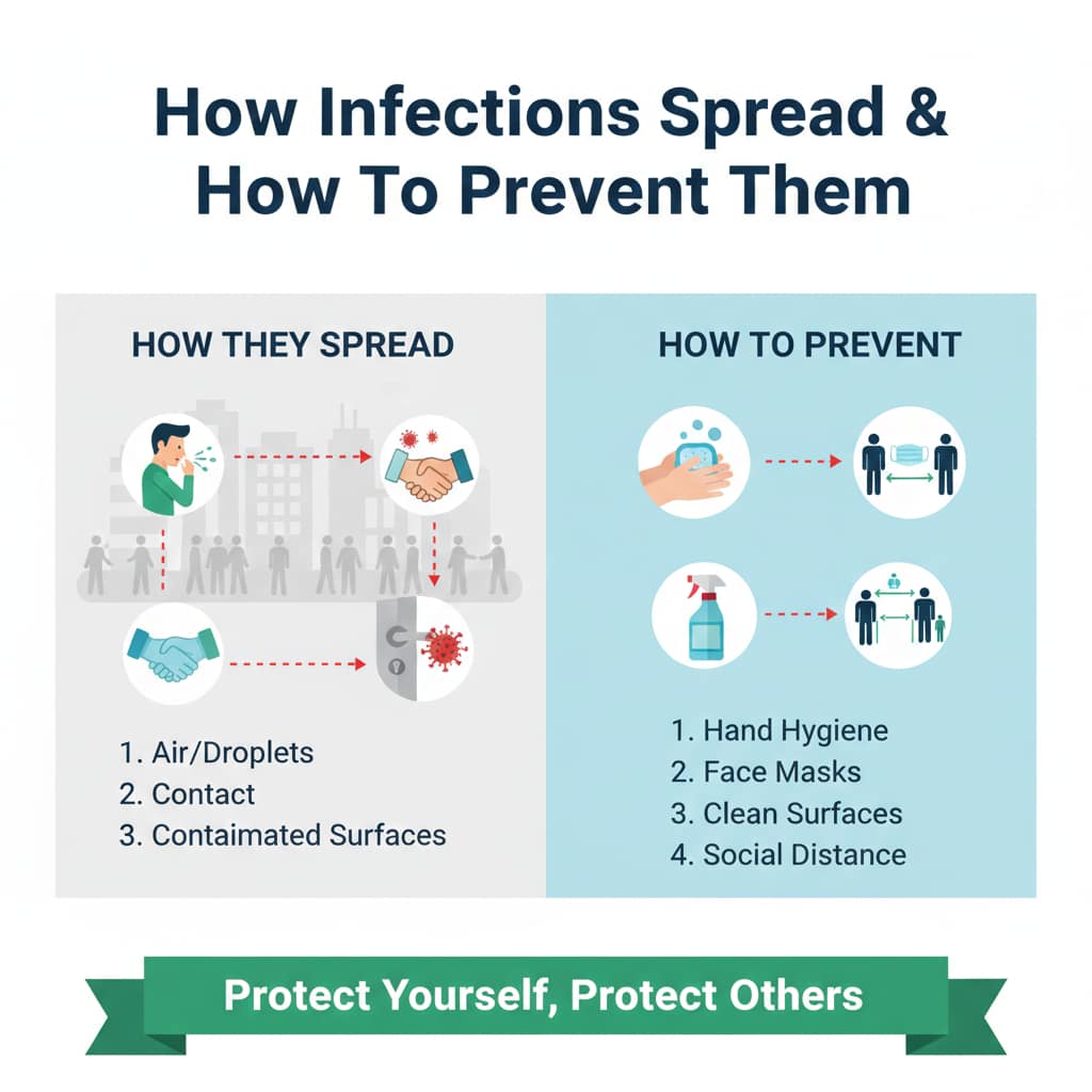 An educational split-screen infographic detailing modes of infection transmission like air droplets and contact, alongside prevention methods like hand hygiene and social distancing.