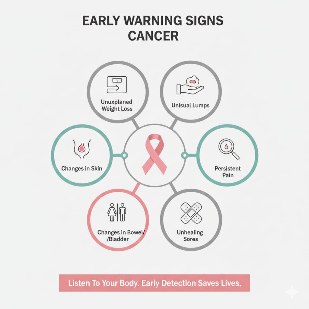 A circular infographic showing six early warning signs of cancer, including unexplained weight loss, unusual lumps, persistent pain, unhealing sores, and bodily changes, centered around a pink awareness ribbon.