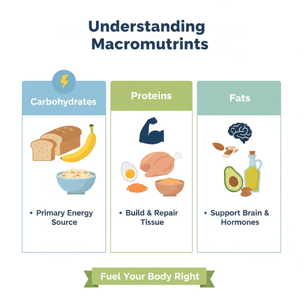 A professional educational graphic divided into three sections explaining the roles of Carbohydrates for energy, Proteins for tissue repair, and Fats for brain and hormone support.