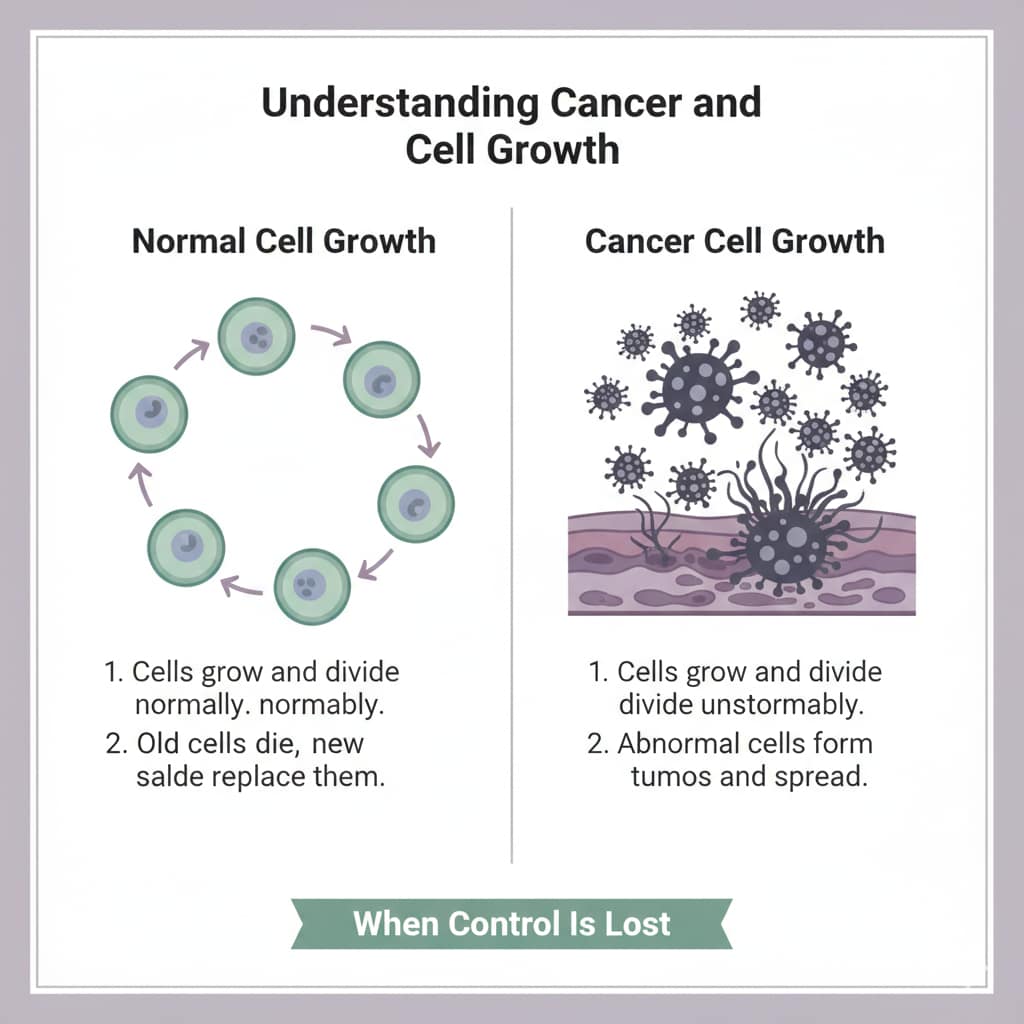A comparative medical illustration showing a healthy, controlled cell division cycle next to abnormal, rapid cancer cell growth forming a tumor.