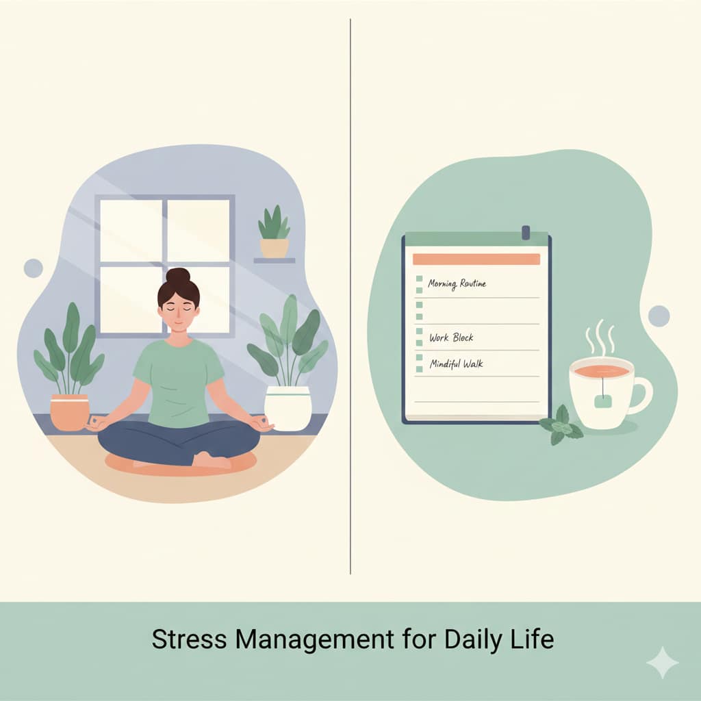 A split-screen illustration featuring a woman meditating peacefully and a daily planner next to a warm cup of tea, symbolizing mental and organizational balance.