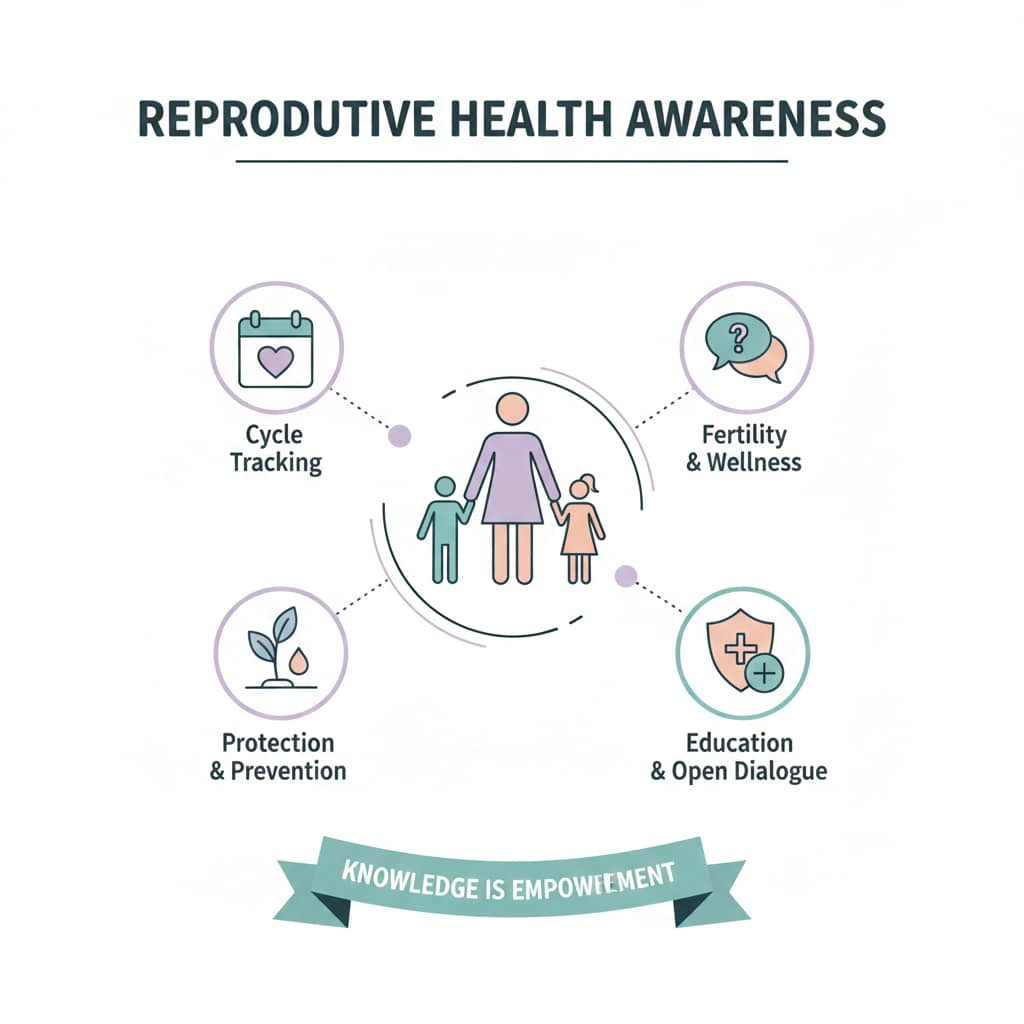 An educational infographic featuring a family silhouette surrounded by four key pillars: cycle tracking, fertility and wellness, protection and prevention, and education and open dialogue.